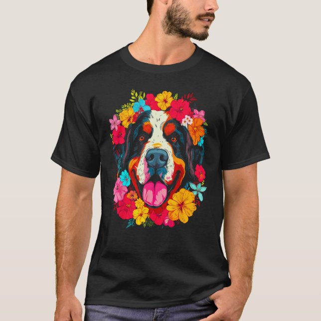 Cute Saint Bernard Dog Flower T Shirt (Framsida)