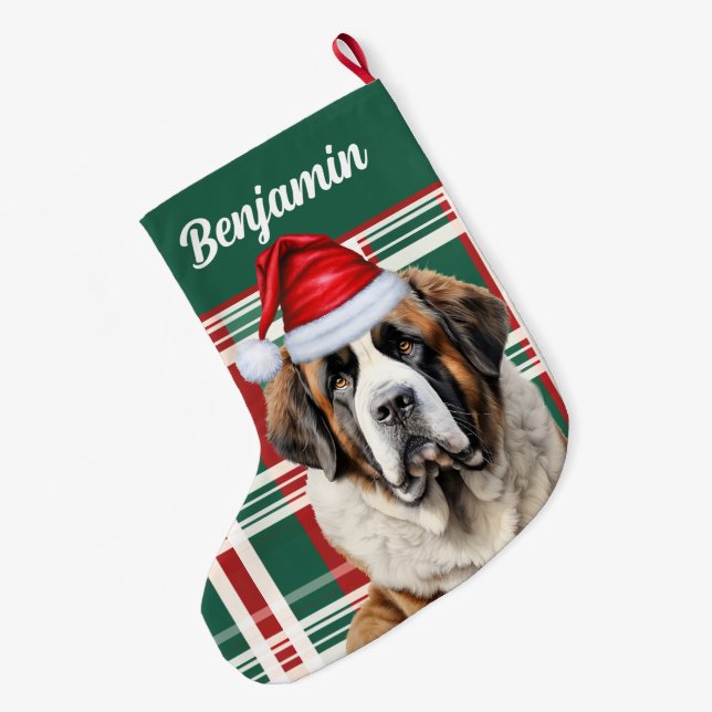 Cute Saint Bernard Dog Plaid Custom Stor Julstrumpa (Baksidan (Hängande))