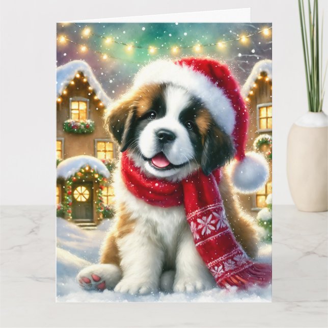 Cute Saint Bernard Puppy i julbyn Kort (Framsida)