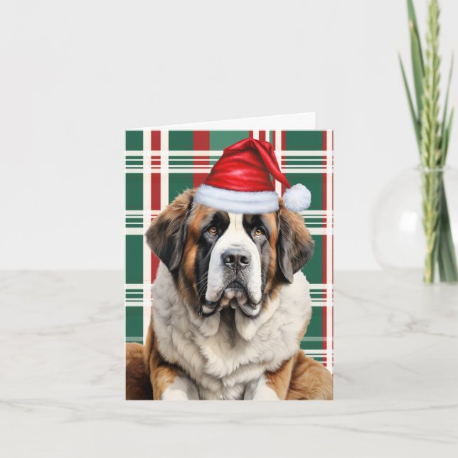 Cute Saint Bernard Santa Dog Plaid Christmas Helgkort (Framsida)