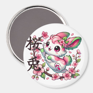 Cute Sakura Bunny Magnet med japansk penselskript