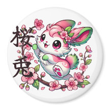 Cute Sakura Bunny Magnet med japansk penselskript