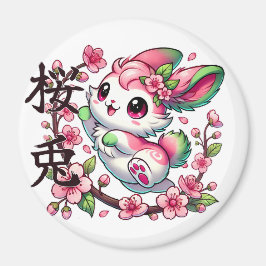 Cute Sakura Bunny Magnet med japansk penselskript