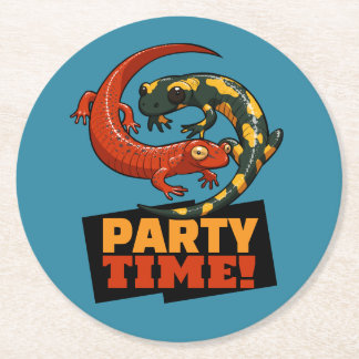 Cute Salamanders Party Time! Red & Fire Cartoon Underlägg Papper Rund