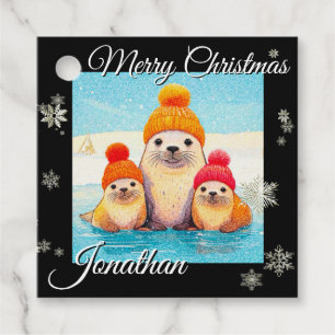 Cute sälar med stickad julillustration gåvor etiketter