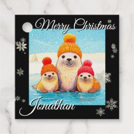 Cute sälar med stickad julillustration gåvor etiketter