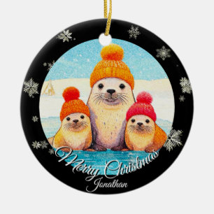 Cute sälar med stickad julillustration julgransprydnad keramik