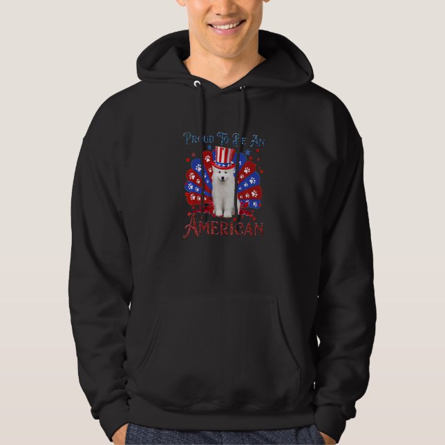 Cute Samoyed American Flagga Lycklig 4 juli Hoodie (Framsida)