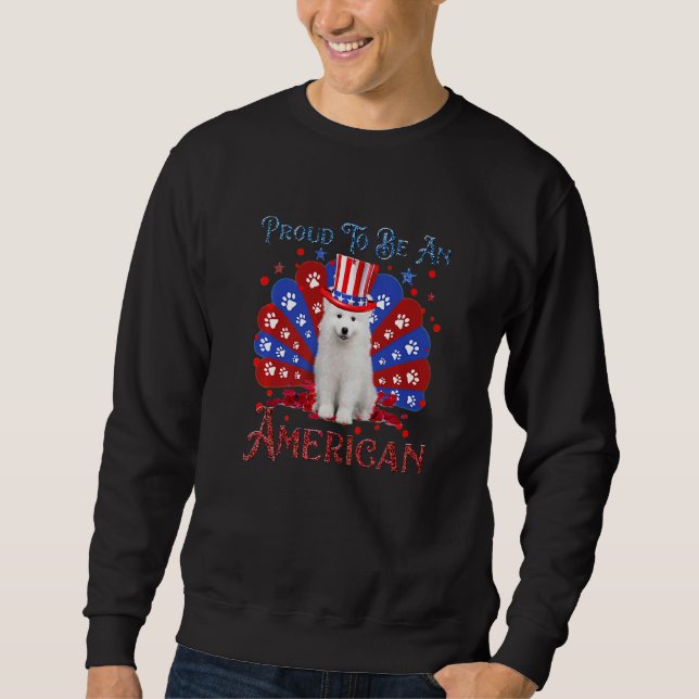 Cute Samoyed American Flagga Lycklig 4 juli Lång Ärmad Tröja (Framsida)