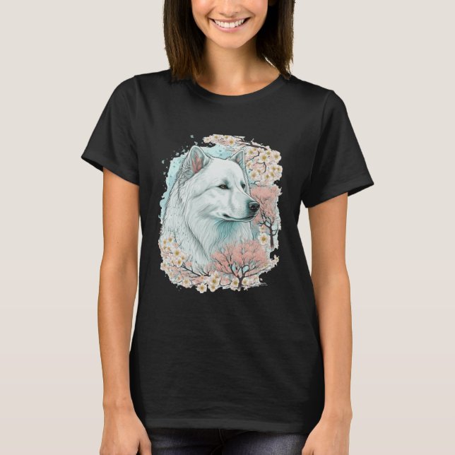 Cute Samoyed Cherry Blossom Dog Breed Japanese Sak T Shirt (Framsida)