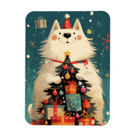 Cute Samoyed dog with Christmas holiday Magnet