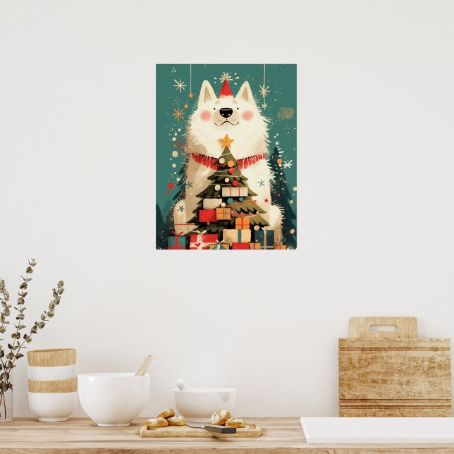 Cute Samoyed dog with Christmas Holiday Poster (Kök)