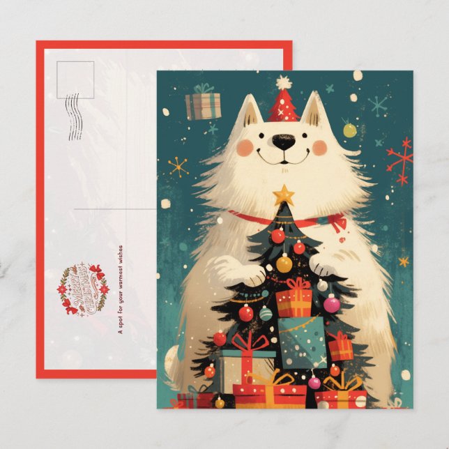 Cute Samoyed dog with Christmas Vykort (Fram/baksida)