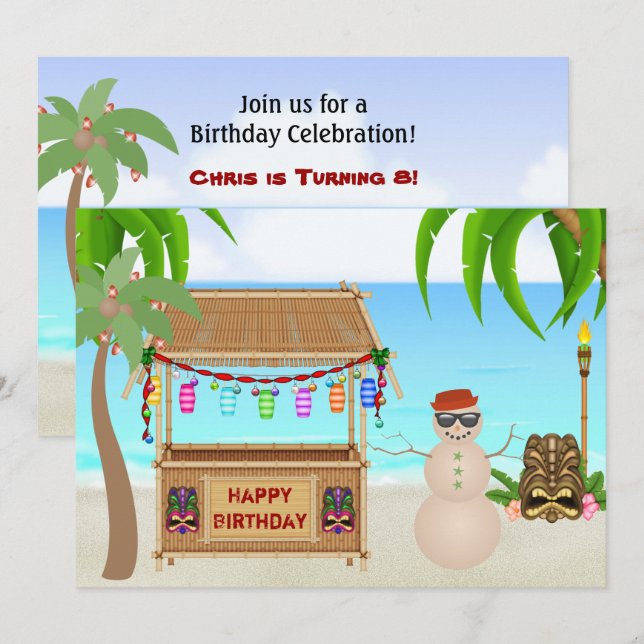 Cute Sand Snögubbe Winter Beach Birthday Inbjudningar (Fram/baksida)