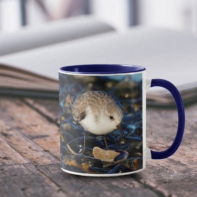 Cute Sanderling Enjoys Seafood Dining at the Beach Mugg (Cute Sanderling Enjoys Seafood Dining 11 oz Coffee Mug Cover Photo.)