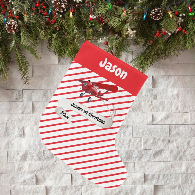 Cute Santa & Airplan,Första jul,Personlig Stor Julstrumpa (Skapare uppladdad)