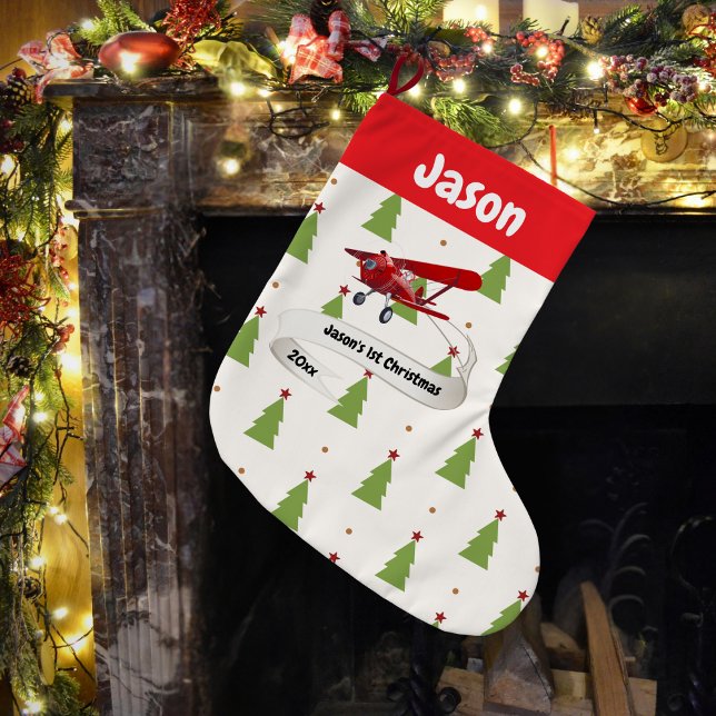 Cute Santa & Airplan,Första jul,Personlig Stor Julstrumpa (Skapare uppladdad)