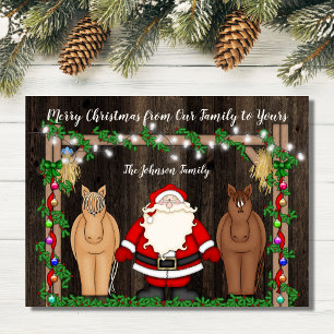Cute Santa and Horses in Barn God jul Flat Julkort