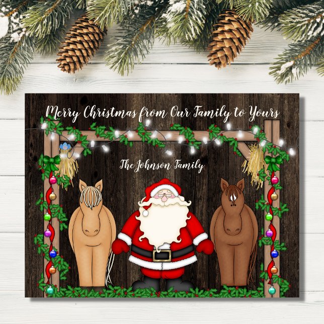 Cute Santa and Horses in Barn God jul Flat Julkort (Skapare uppladdad)