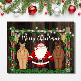 Cute Santa and Horses in Barn God jul Helg Vykort