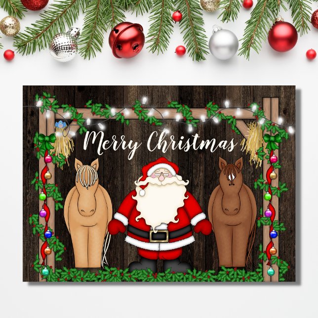 Cute Santa and Horses in Barn God jul Helgkort (Skapare uppladdad)
