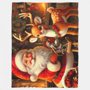Cute Santa and Reindeer Fleecefilt