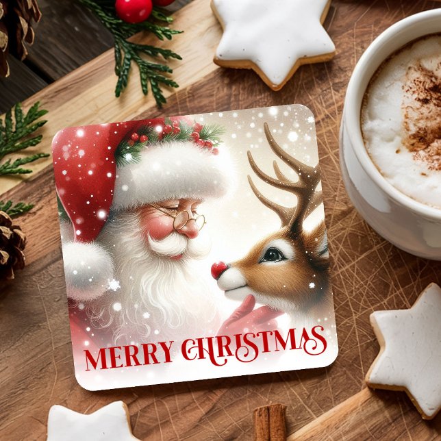 Cute Santa and Rudolph Festive Holiday Coasters Underlägg Papper Kvadrat (Cute Santa and Rudolph Festive Holiday Coasters)