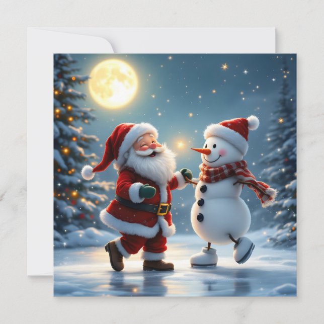 Cute Santa and snowman dancing on ice in winter  Julkort (Framsida)