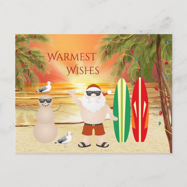Cute Santa and Surfboard Beach Surfing jul Helg Vykort (Framsida)