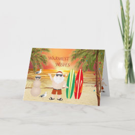 Cute Santa and Surfboard Beach Surfing jul Helgkort