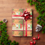 Cute Santa and Surfboard Beach Surfing jul Presentpapper<br><div class="desc">Den här helgdag varmaste pappra julomslutning i Önskemål har en söt strandscen med tomten,  surfingbrädor,  en sand snögubbe,  fiskmås,  handflatan träd som har dekorerats med festligt helgdag ljus och i bakgrunden går sol över vatten. -</div>