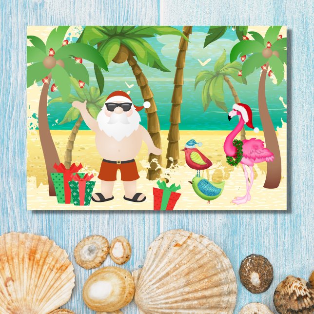 Cute Santa and Tropical Birds Beach Christmas Helgkort (Front - Cute Santa and Tropical Birds Beach Christmas Holiday Card)