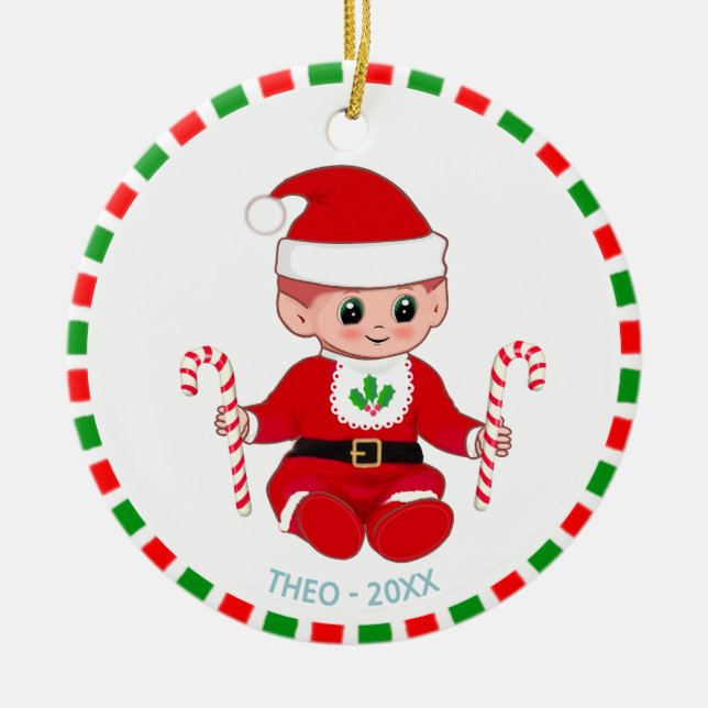 Cute Santa Baby Elf och Polkagrisar Julgransprydnad Keramik (Framsidan)