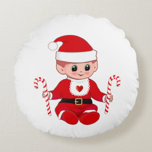 Cute Santa Baby Elf & Polkagrisar Rund Kudde (Framsidan)