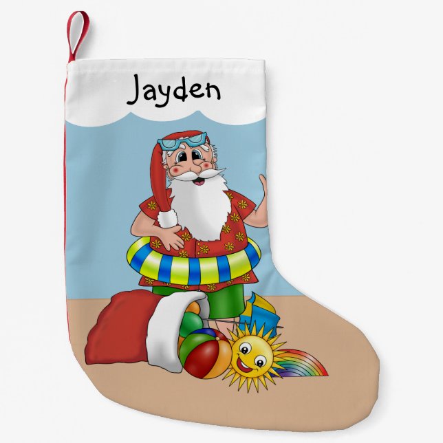 Cute Santa Beach Tropical Liten Julstrumpa (Framsidan)