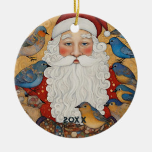 Cute Santa Blue Birds Julgransprydnad Keramik