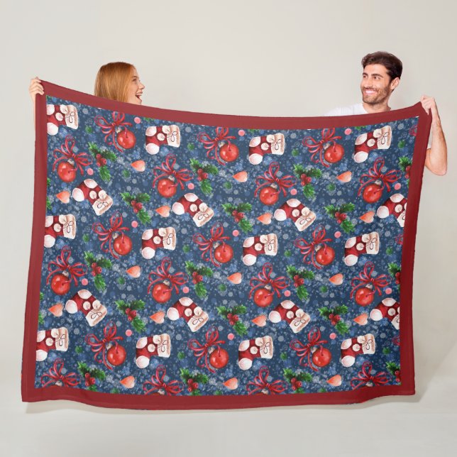 Cute Santa Boots Bollar Red Holly Berries jul Fleecefilt (På plats)