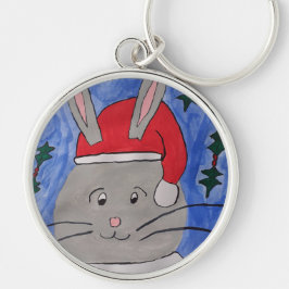 Cute Santa Bunny Rund Silverfärgad Nyckelring