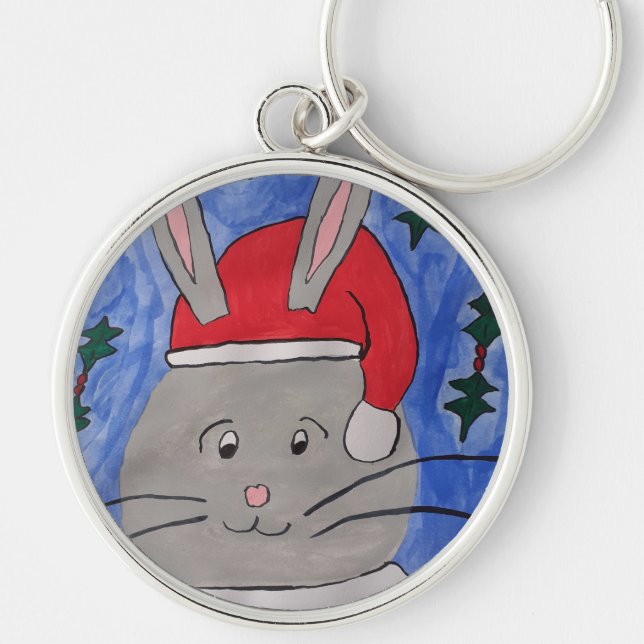 Cute Santa Bunny Rund Silverfärgad Nyckelring (Framsidan)
