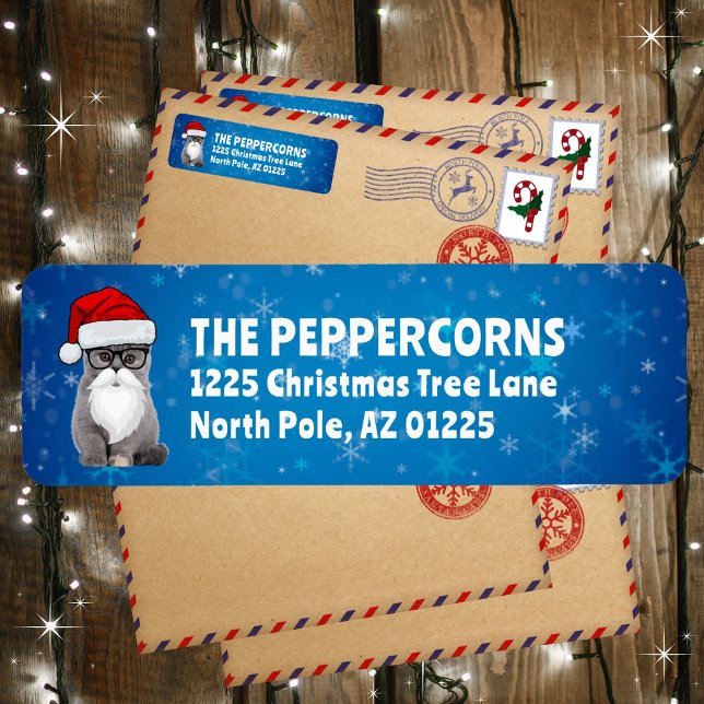 Cute Santa Cat Blue Returadress Returadress Etikett (Available in multiple colors. Personalize and make it your own!)