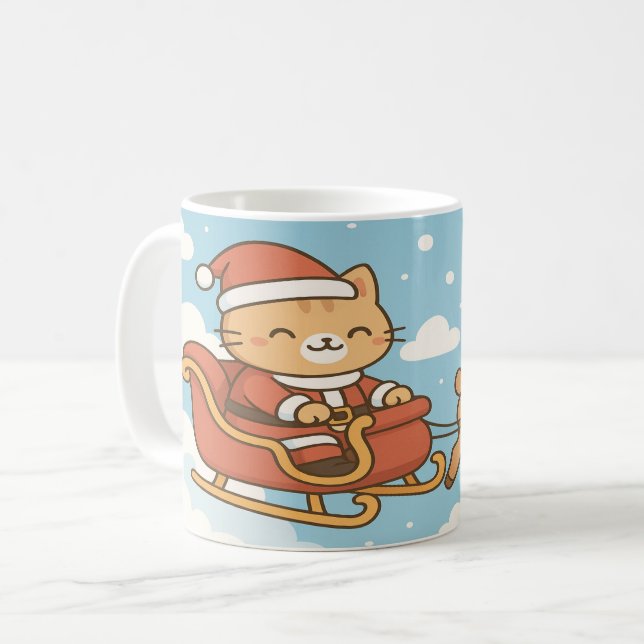 Cute Santa Cat Flying Sleigh Christmas Mug Kaffemugg (Framsida vänster)