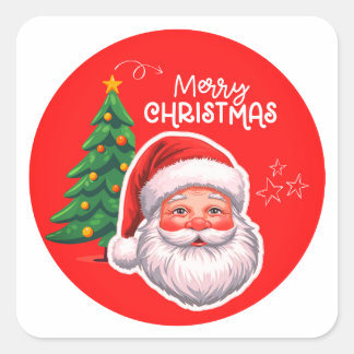Cute Santa & Christmas Tree Sticker Fyrkantigt Klistermärke