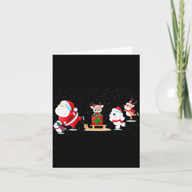 Cute Santa Claus Ice Skating With Friends - Family Kort (Framsida)