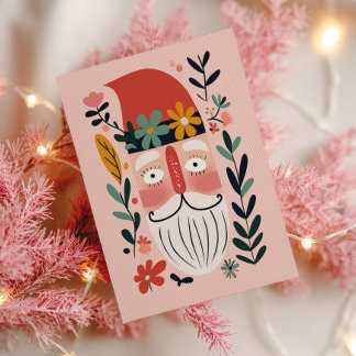 Cute Santa Claus Retro Floral Pink Merry Christmas Vykort