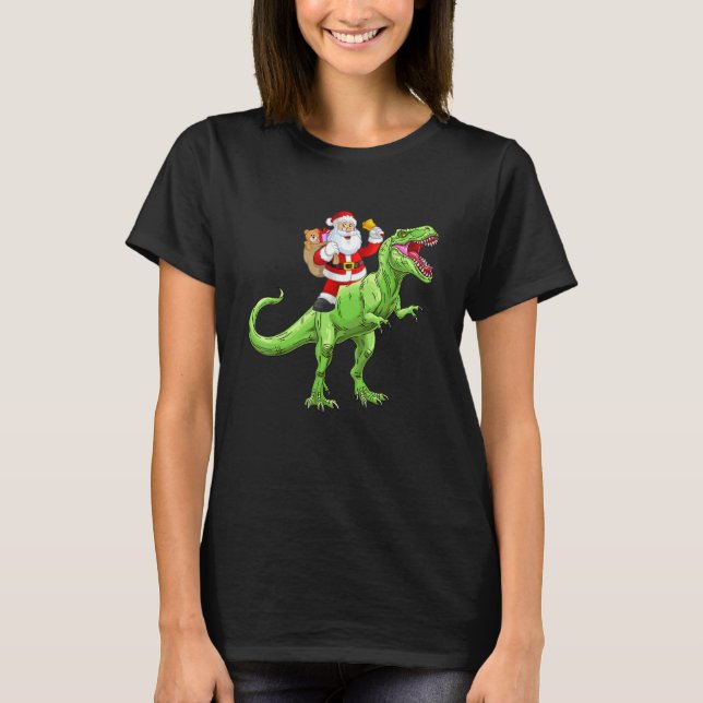 Cute Santa Claus Riding Dinosaur rex Boys Christma T Shirt (Framsida)