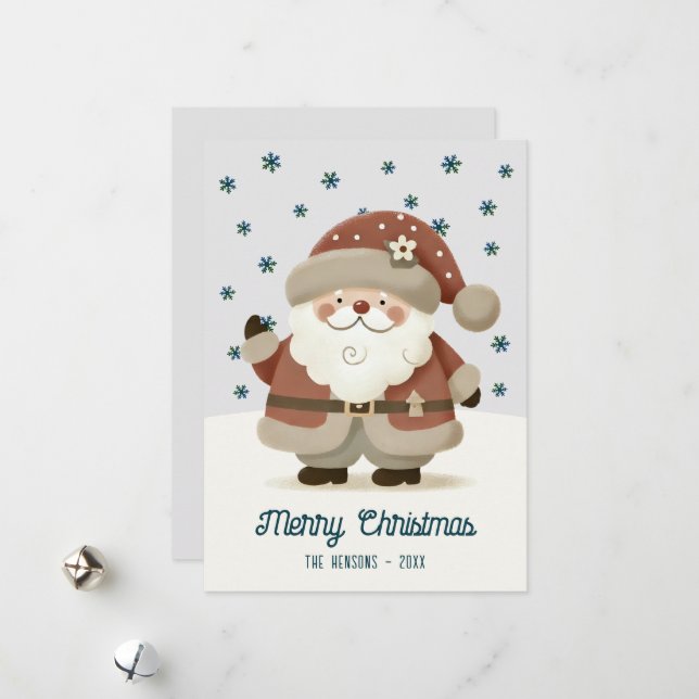 Cute Santa Clause Snowflakes Drawing Christmas Julkort (Fram/Back In Situ)