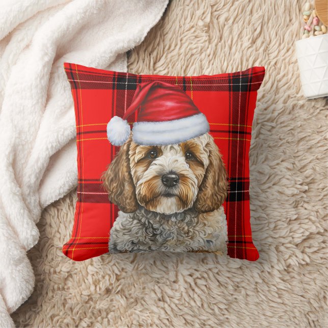Cute Santa Cockapoo Hund på Red Play-jul Kudde (Filt)