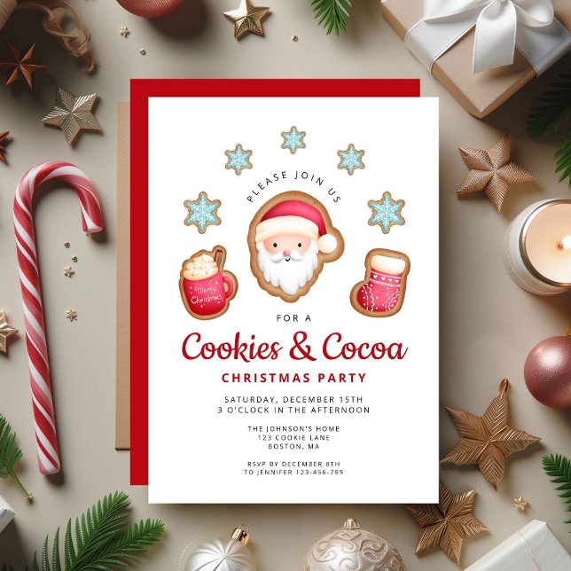 Cute Santa Cookies och Cocoa-julen Party Inbjudningar (Cute Santa Cookies & Cocoa Christmas Party Invitation)