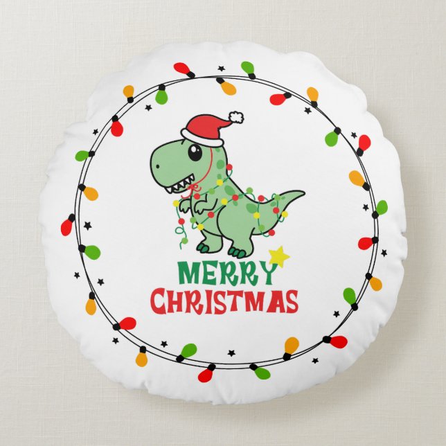 Cute Santa Dino Merry Christmas Rund Kudde (Framsidan)