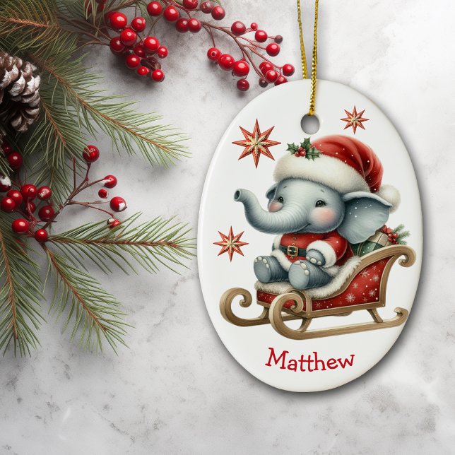 Cute Santa Elephant Sleigh Kids jul Julgransprydnad Keramik (Skapare uppladdad)